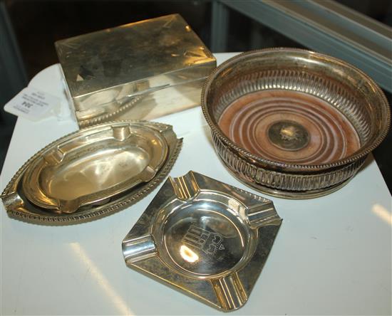 Silver circular wine coaster, Sheffield 1800, three silver ashtrays and a cigarette box